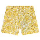 Younger Boys White & Gold Barocco Shorts, 1, hi-res