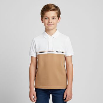 Boys White & Beige Logo Polo Shirt