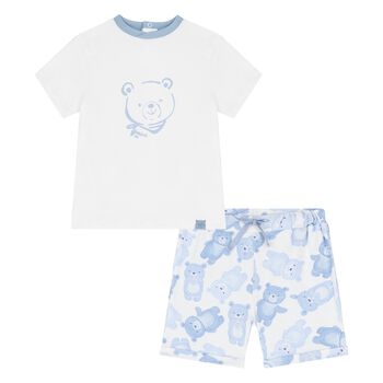 Baby Boys White & Blue Teddy Bear Shorts Set