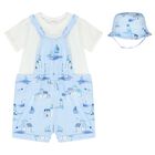 Baby Boys Blue & White Dungaree & Hat Set, 2, hi-res