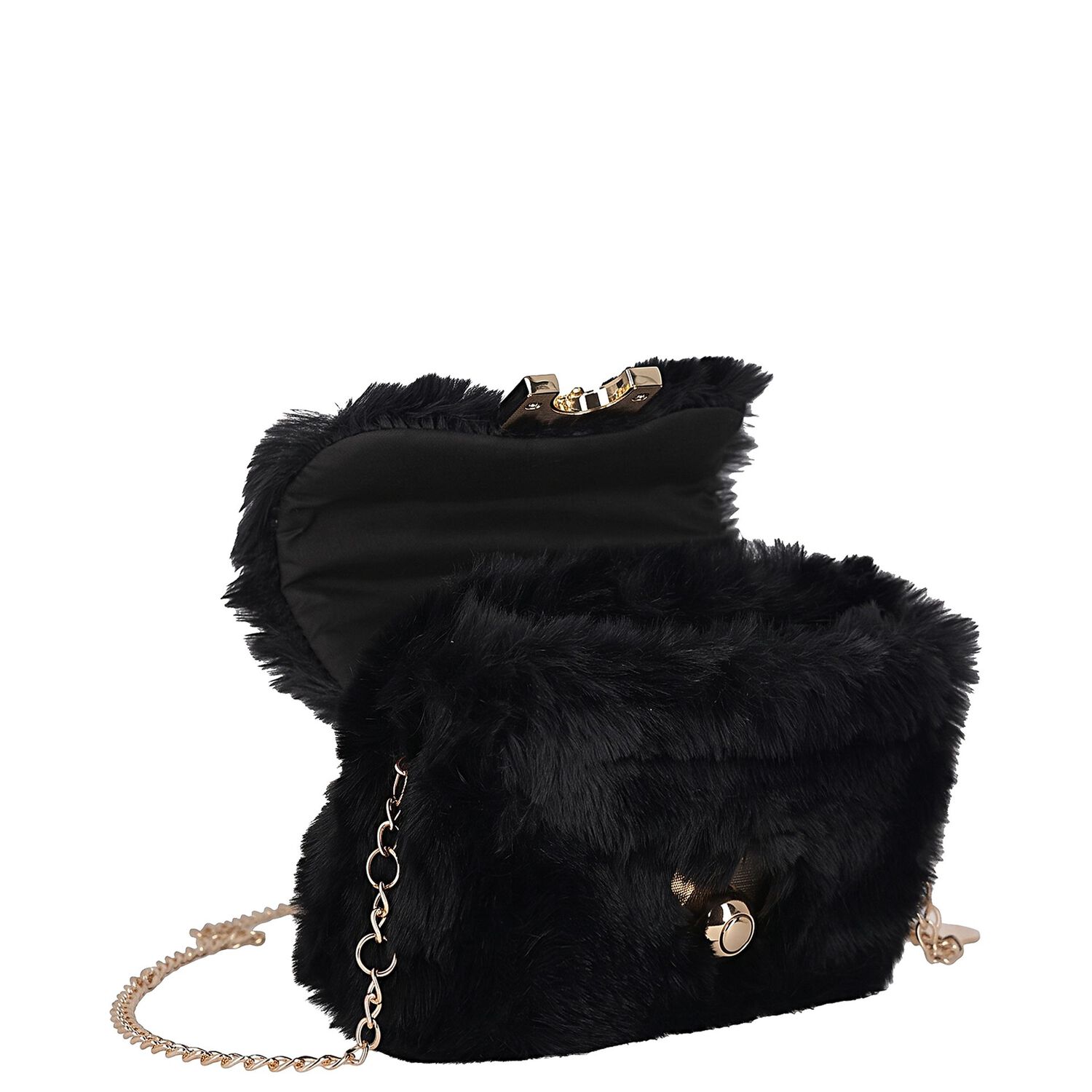 Girls Black Faux Fur Handbag ( 21cm ), 3, hi-res