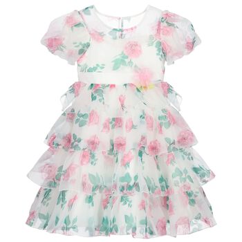 Girls White & Pink Rose Layered Dress