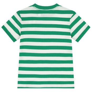 Boys White & Green Striped Logo T-Shirt