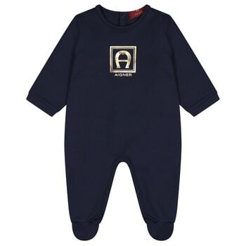 Baby Boys Navy Blue & Gold Logo Babygrow