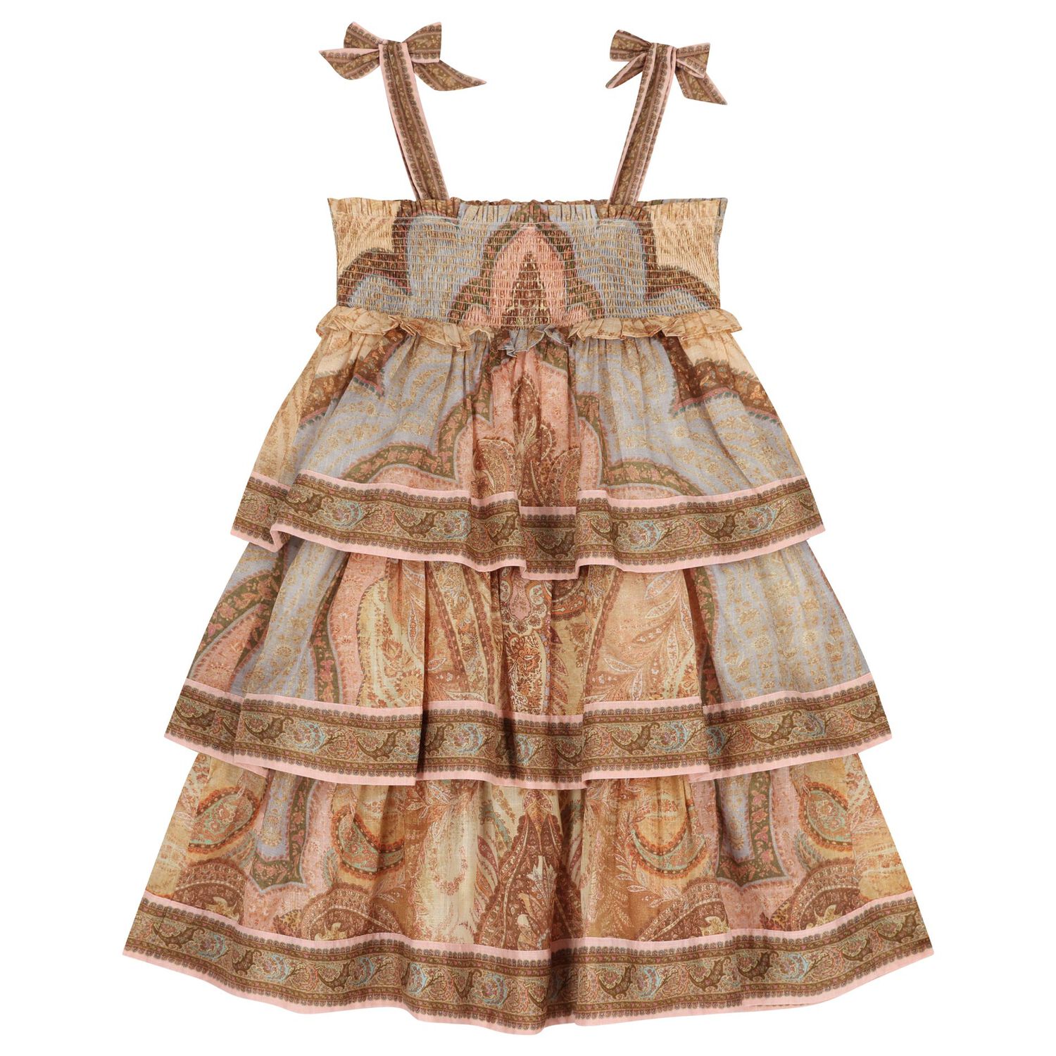 Girls Beige Paisley Tiered Ruffle Dress, 1, hi-res
