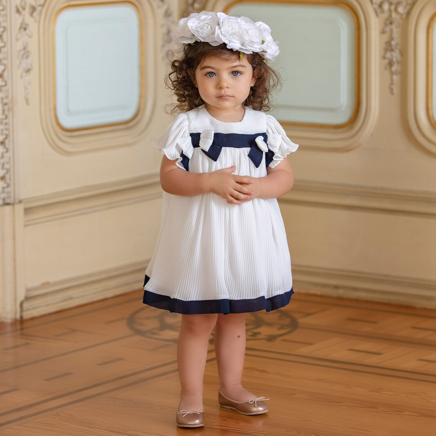 Younger Girls White Pleated Chiffon Dress, 1, hi-res
