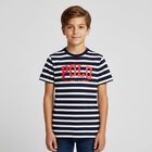 Boys White & Navy Blue Logo Striped T-Shirt, 1, hi-res