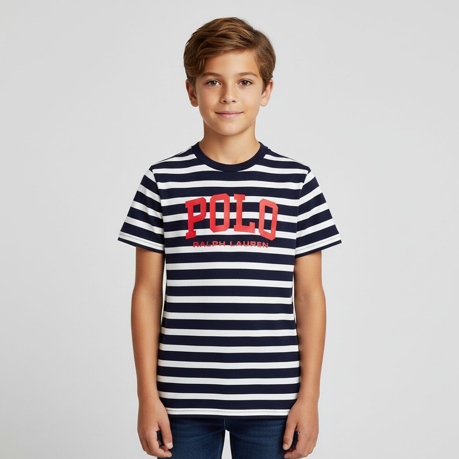 Boys White & Navy Blue Logo Striped T-Shirt, 1, hi-res