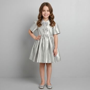 Girls Metallic Silver Glittery Bows Dress