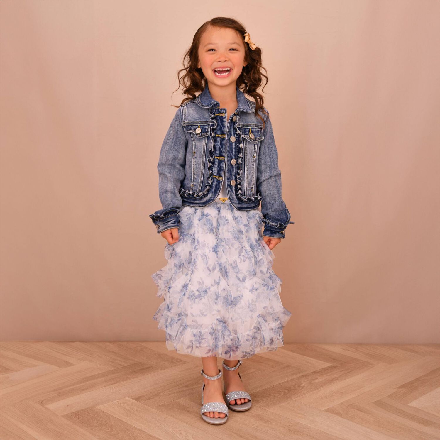 Girls Blue Floral Tulle Skirt, 1, hi-res