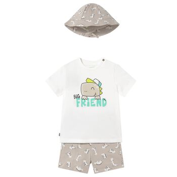 Younger Boys Beige & White Dinosaur Shorts Set