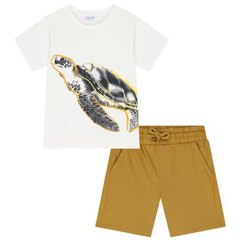 Boys White & Yellow Turtle Shorts Set