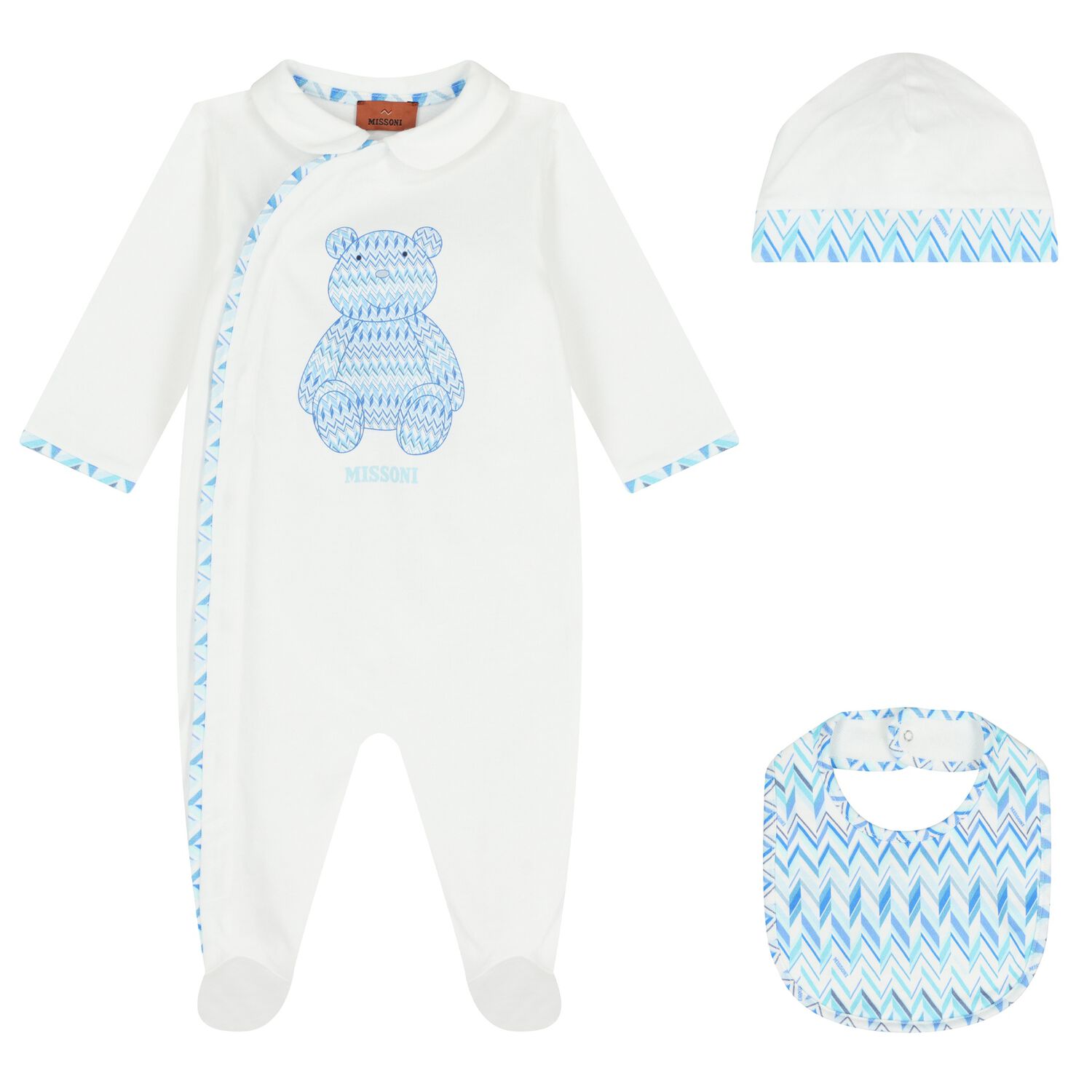 Baby Boys White & Blue Teddy Bear Zig Zag Babygrow Gift Set, 1, hi-res
