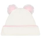Baby Girls White Tulle Pom Pom Beanie Hat, 1, hi-res