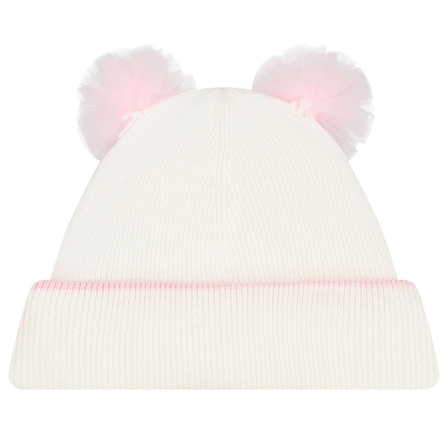 Baby Girls White Tulle Pom Pom Beanie Hat, 1, hi-res