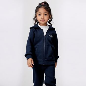Navy Blue Logo Hooded Zip Up Top