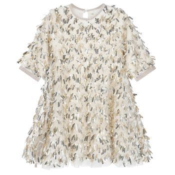 Girls Beige Sequin Fringe Mesh Dress