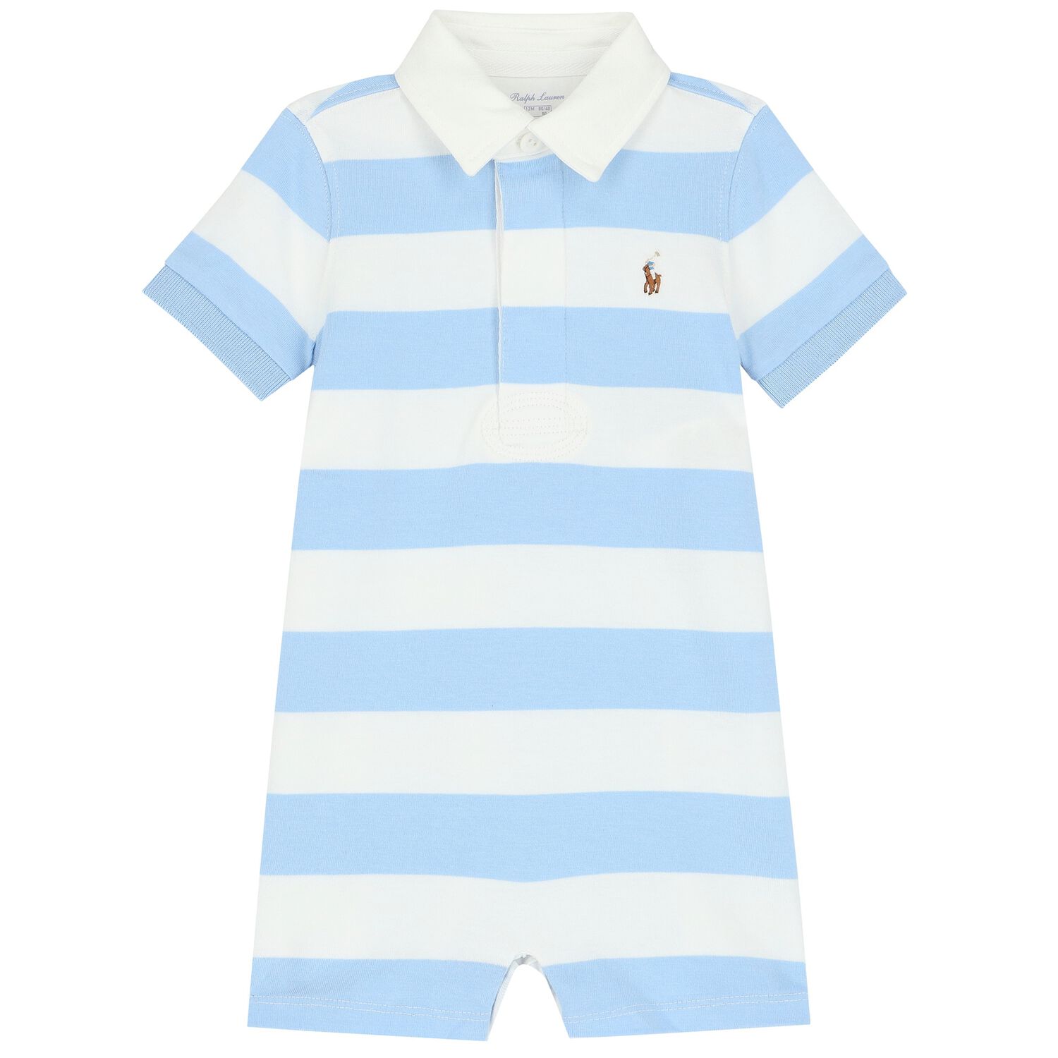 Baby Boys Blue & White Striped Logo Polo Romper, 1, hi-res