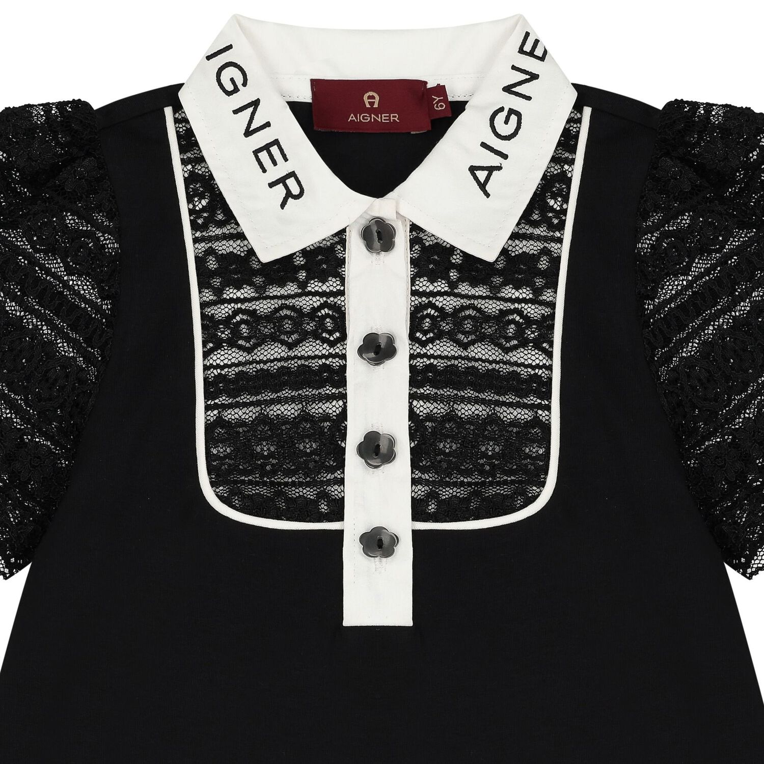 Girls Black Logo Lace Dress, 1, hi-res