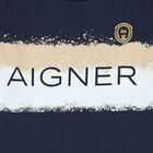 Younger Boys Navy Striped Logo T-Shirt, 1, hi-res