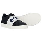Boys Navy Blue Leather Trainers, 1, hi-res