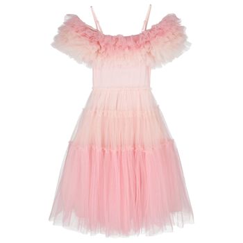 Girls Pink Embellished Ruffle Tulle Dress