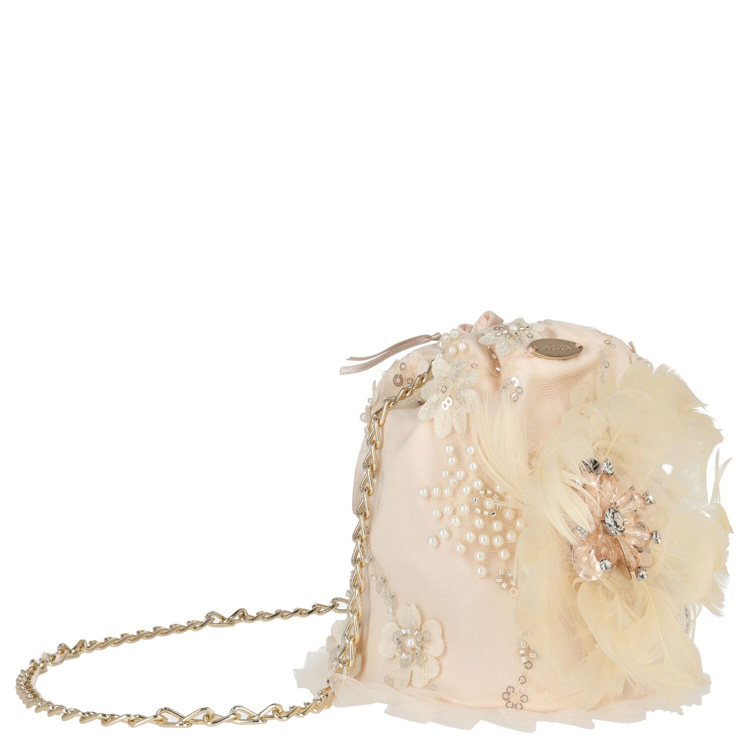 Girls Pink Feathered Floral Handbag, 1, hi-res