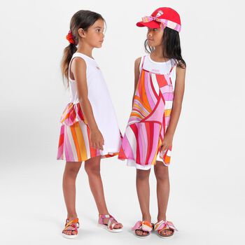 Younger Girls White & Pink Logo Flared Dress