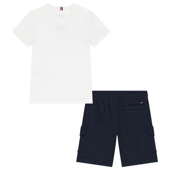 Boys White & Navy Blue Shorts Set