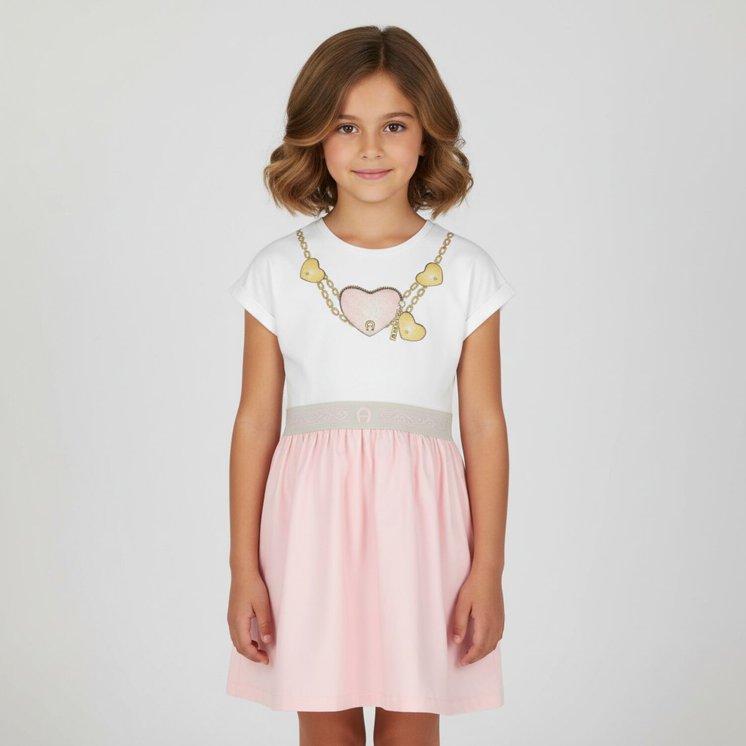 Girls White & Pink Heart Dress, 2, hi-res
