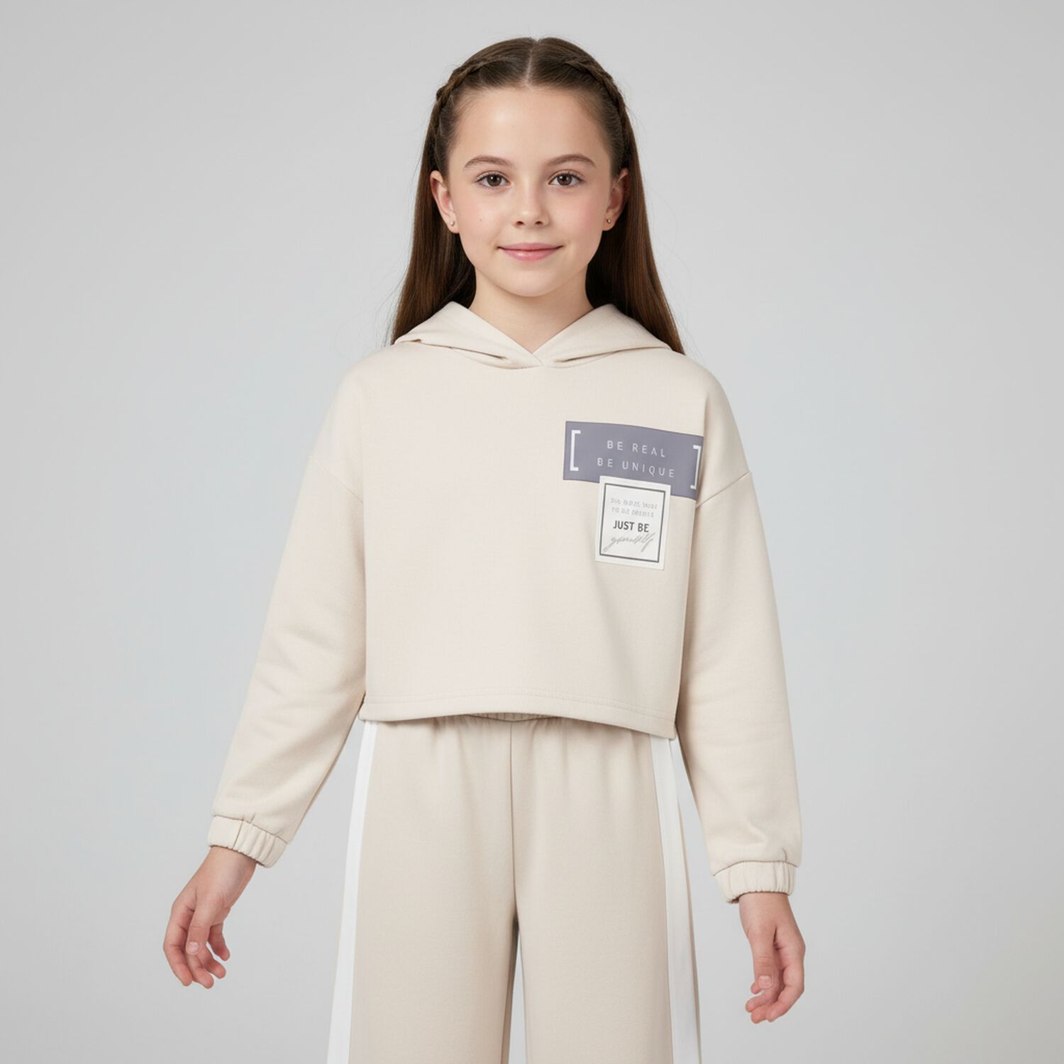 Girls Beige Hooded Tracksuit, 2, hi-res