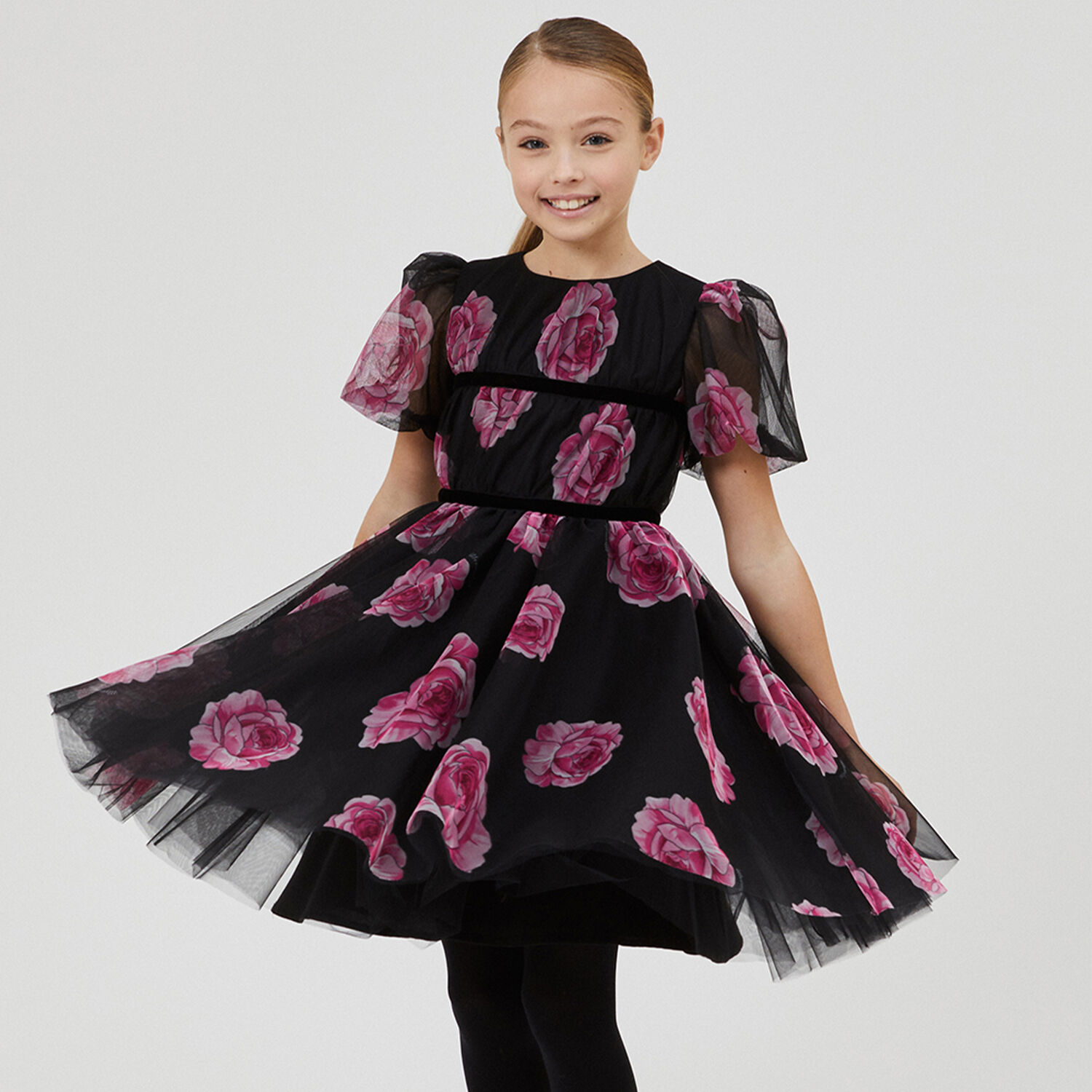 Girls Black & Pink Roses Tulle Dress, 2, hi-res image number null