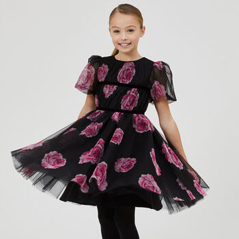 Girls Black & Pink Roses Tulle Dress