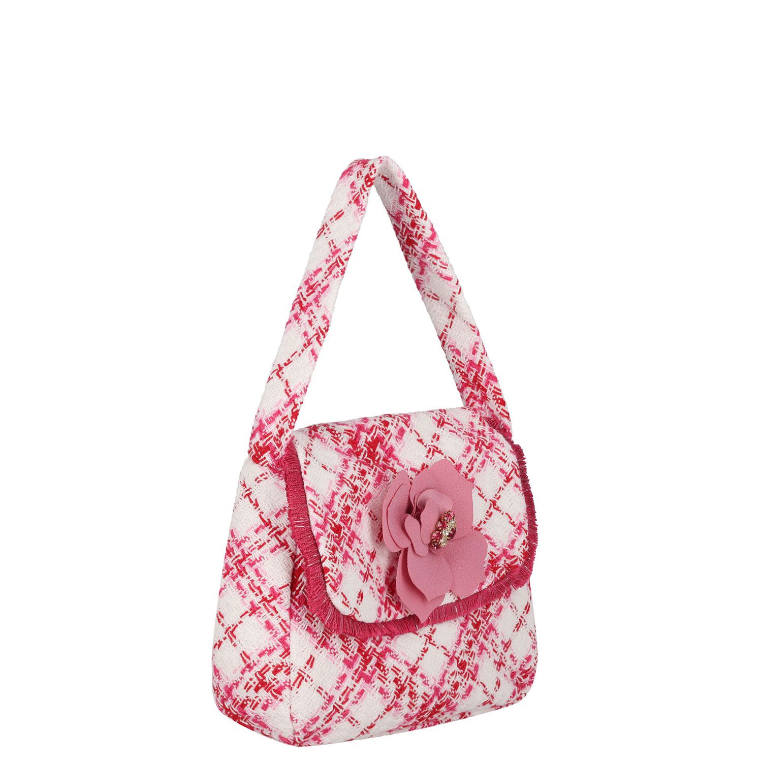 Girls Pink & White Check Tweed Bag ( 18CM ), 1, hi-res