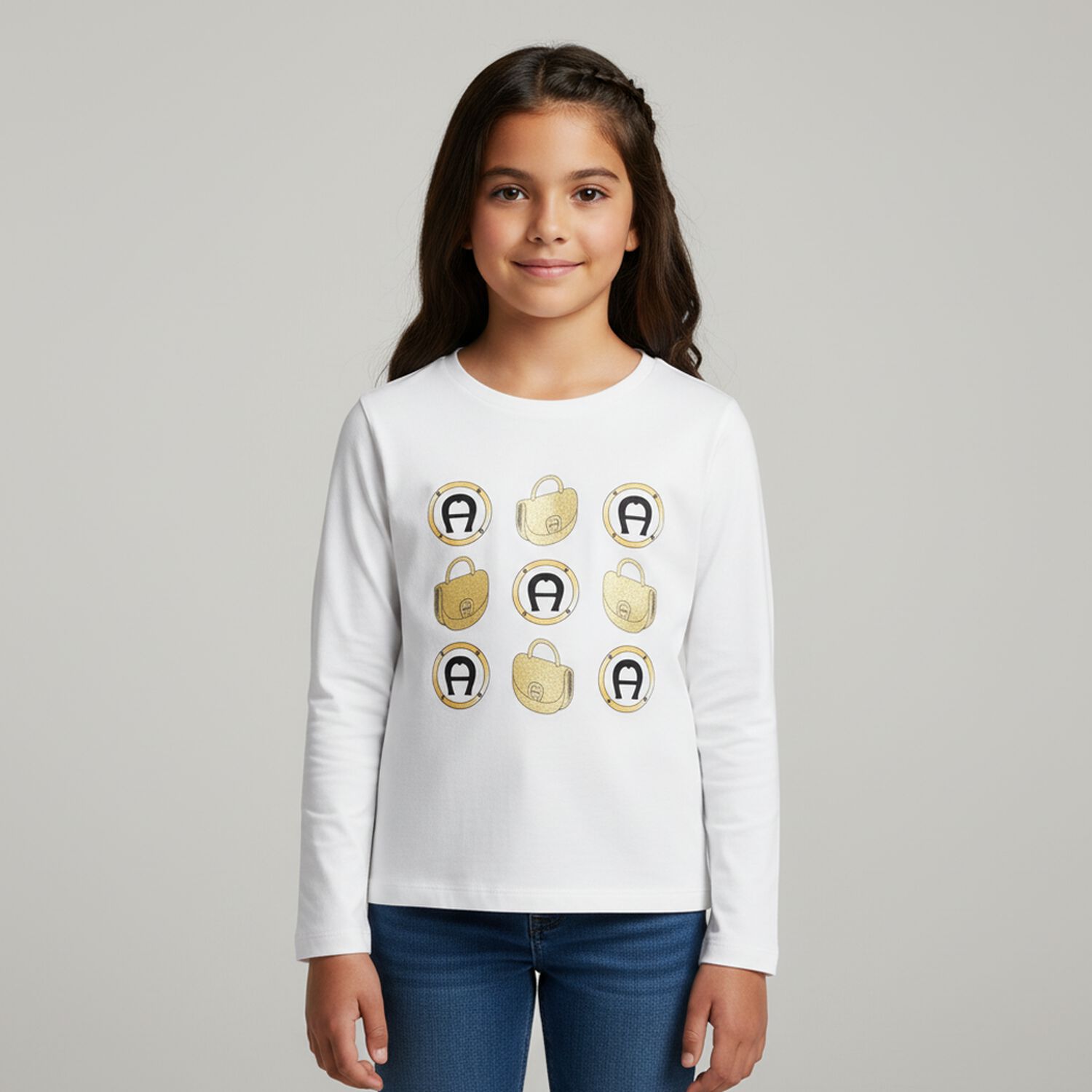 Girls White Logo Long Sleeve Top, 1, hi-res