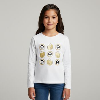 Girls White Logo Long Sleeve Top