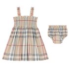 Baby Girls Pale Beige Check Dress Set, 1, hi-res