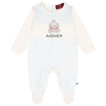 Baby Boys Ivory & Blue Teddy Bear Logo Babygrow