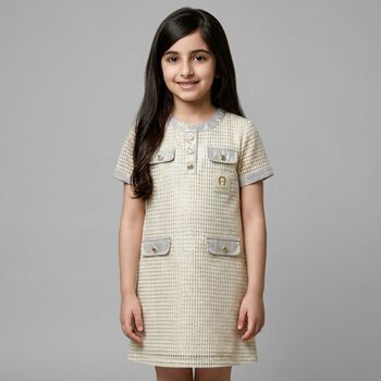 Girls Ivory & Gold Logo Dress