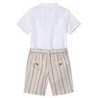Boys White & Beige Shorts Set, 1, hi-res