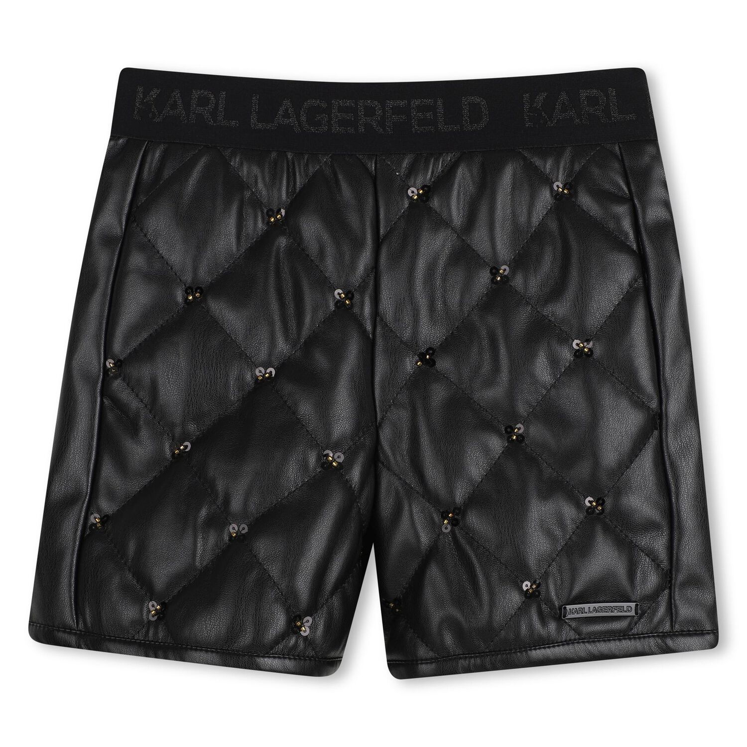 Girls Black Quilted Faux Leather Shorts, 1, hi-res