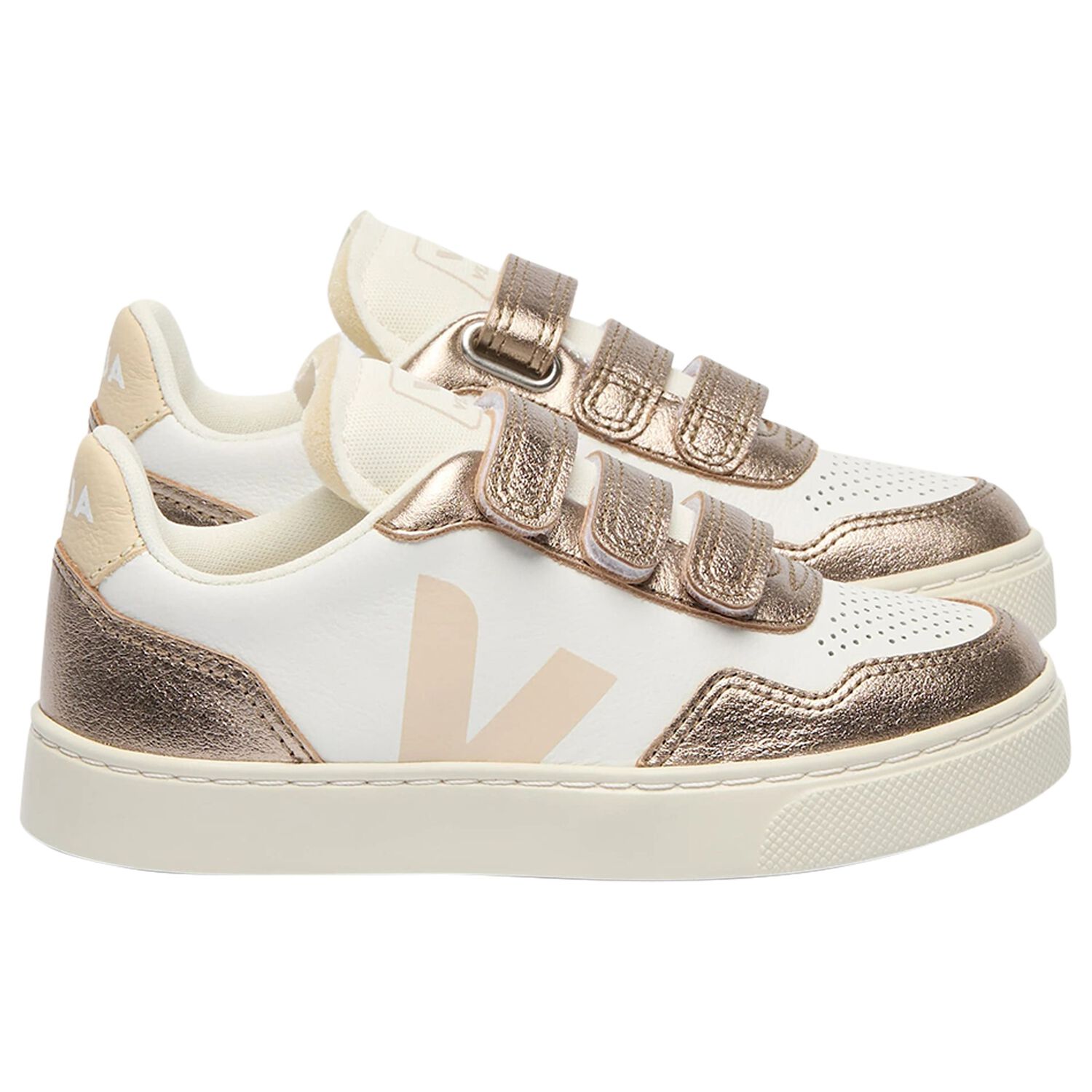 Girls White & Gold Leather Trainers , 1, hi-res