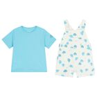 Baby Boys Turquoise & White Dungaree Set, 1, hi-res