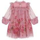 Girls Pink Floral Ruffled Tulle Dress, 2, hi-res