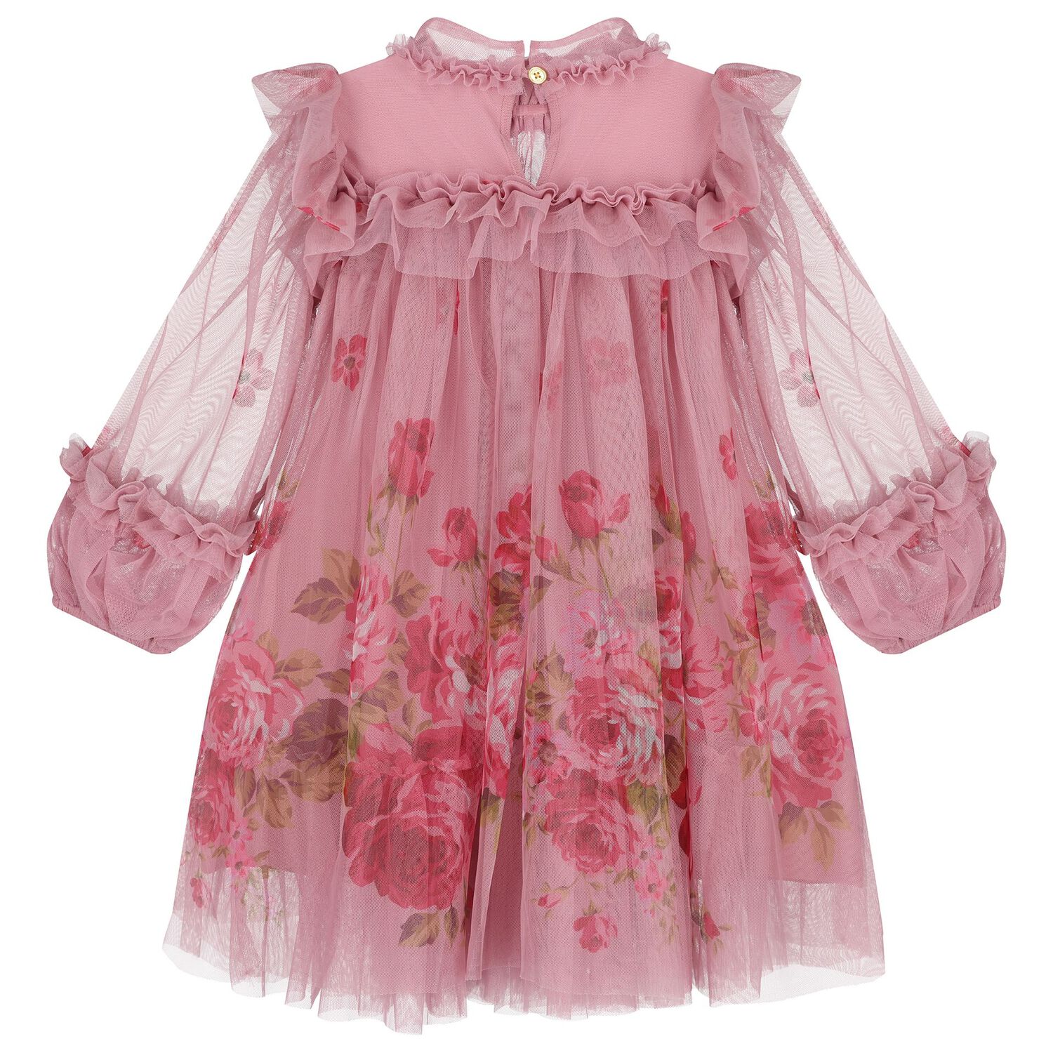 Girls Pink Floral Ruffled Tulle Dress, 2, hi-res