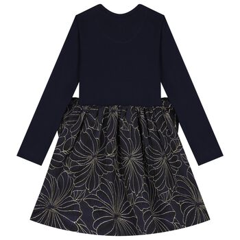 Girls Navy Blue & Gold Jacquard Dress