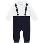 Baby Boys White & Navy Blue Logo Romper, 1, hi-res