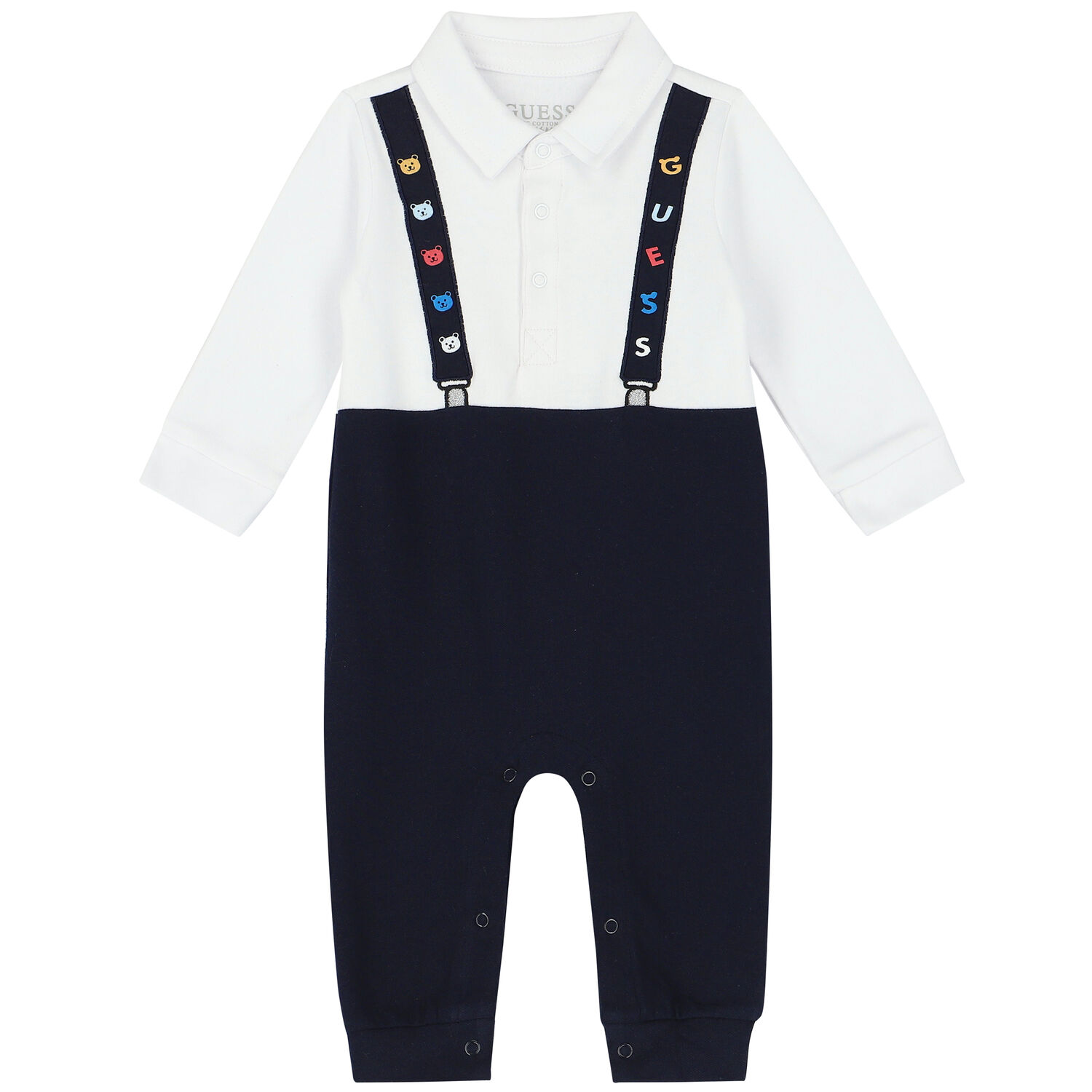 Baby Boys White & Navy Blue Logo Romper, 1, hi-res