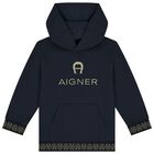 Boys Navy Logo Hooded Top, 1, hi-res