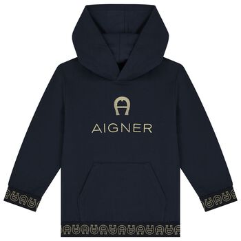 Boys Navy Logo Hooded Top